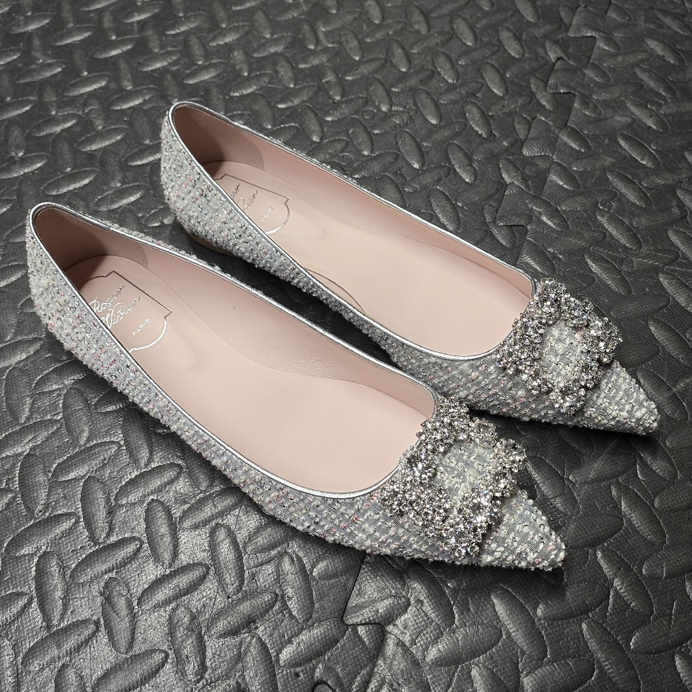 Roger Vivier Embellished Metallic Tweed Flats